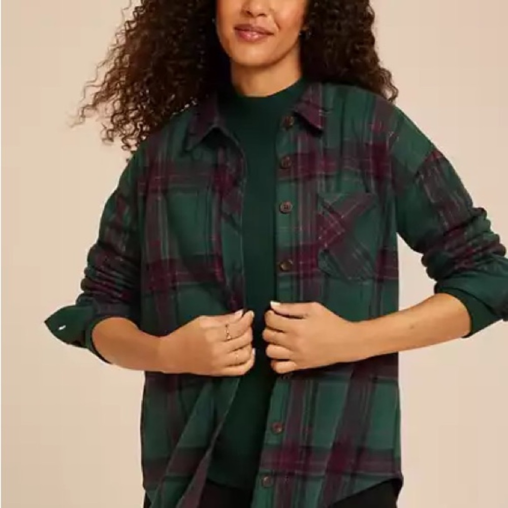 Maurices Green and Burgundy Plaid Button-Down Shirt